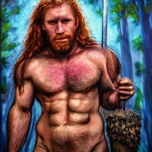 barbarian, pickaxe, vivid blue eyes, , Oil Painting, ginger hair, long hair, chest hair, muscles, strong, blue skin, giant mushroom forest