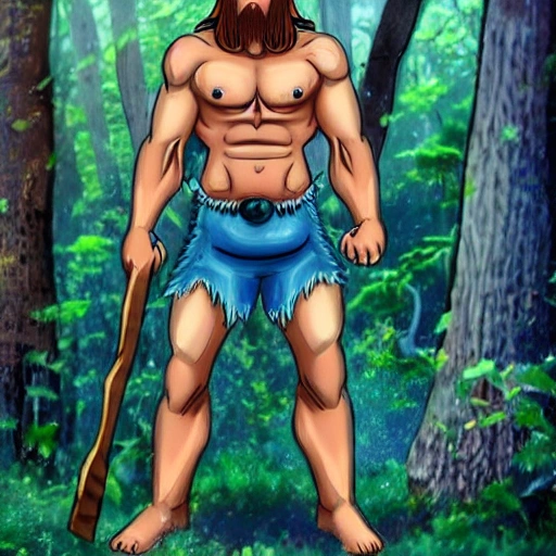 barbarian, pickaxe, vivid blue eyes,  ginger hair, long hair, chest hair, muscles, strong, blue skin, giant mushroom forest, Trippy