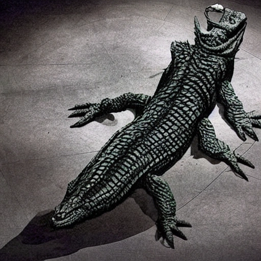 The creature having a physical form that is 20 feet long and five feet wide. It has enormous clawed feet which allow it to cling to the ceiling, and a tail which adds an additional 10 feet to its length. The tail has four protruding prongs on the end. It appears to have characteristics of a crocodile, The creature's body is covered in scales and it has black wings. It has a long protruding snout filled with sharp triangular teeth and large red eyes that blink sideways on the eyelids. It has a crescent shaped head. The creature's wings are described as thin but scaly skin stretched between the larger fibers, which can be stretched out when it's rearing back. However, it is also described as being much larger than a typical crocodile and having the ability to fly. The creature has pointed, reptilian snout that can crack like a whip and it can move very quickly. The creature's saliva contains a toxin 