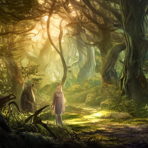 Digital illustration of a scene in a fantastical forest, with detailed and beautiful female wizard and beautiful lighting casting shadows on the ground, as if it were a cinematic movie poster, by popular artists Ning Zhang and Alan Baker, 4k, clean, realistic face, realistic eyes, highest quality, realistic hands, trending on artstation, masterpiece