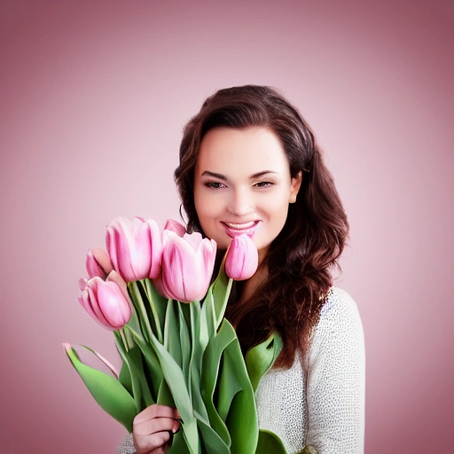 beautiful young woman with tulips, soft light pink background, flower petals falling