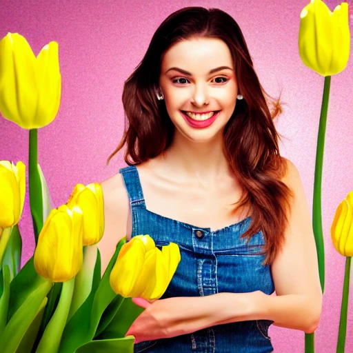 smiling beautiful young woman with yellow tulips, soft light pink background, flower petals falling from top, art station, realistic