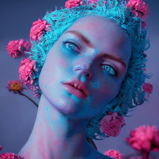 upper-body shot, 1beautiful woman, pretty face, perfect naked breast, colorful flower patterns, detailed blue eyes, extremely detailed, intricate, olumetric lighting, hyper realistic, concept art, awarding winning photography, octane render