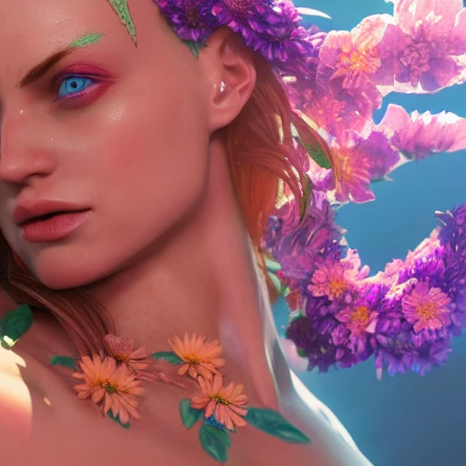 upper-body shot, 1beautiful woman, pretty face, perfect naked breast, colorful flower patterns, detailed blue eyes, extremely detailed, intricate, olumetric lighting, hyper realistic, concept art, awarding winning photography, octane render