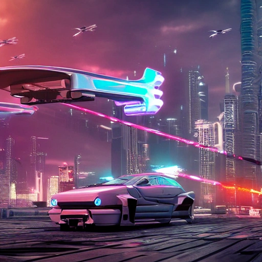 Cyberpunk world, flying car in middle, 4k