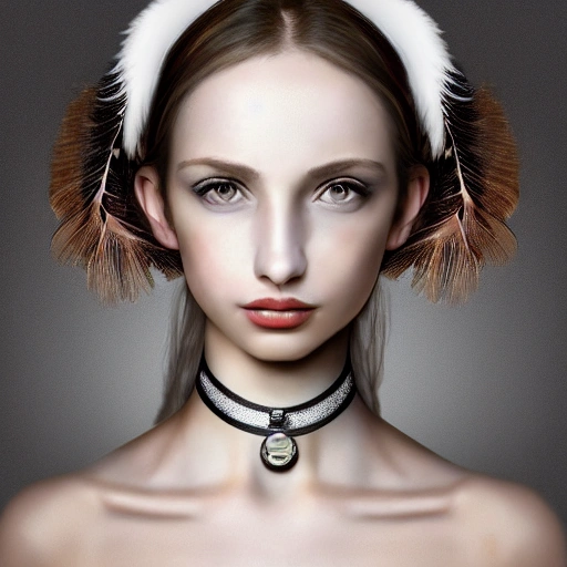 hyper realistic portrait of girl, having a feather cap, a choker and luxurious necklaces, slender and slim, detailed eyes, coherent symmetrical face, digital art, perfect anatomy, hyper-detailed, highly intricate, concept art, award-winning photograph, rim lighting, sharp focus, 8k resolution wallpaper, smooth, denoise