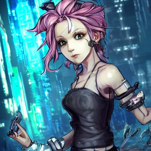 {{{octopath traveler style cyberpunk rpg character art of sporty city girl}}}, highly detailed, {hyperrealistic upper body portrait of 20 years old android woman with simple background oil colors}, wearing futuristic urban tech wear, neon colored hair, illustrated, beautiful and detailed eyes, fit body, cybernetic gear, mysterious look, sharp focus, elegant, volumetric lighting, smooth, videogame character art, 1woman, thick black outlines, cartoony, anime, art by artgerm, trending artstation