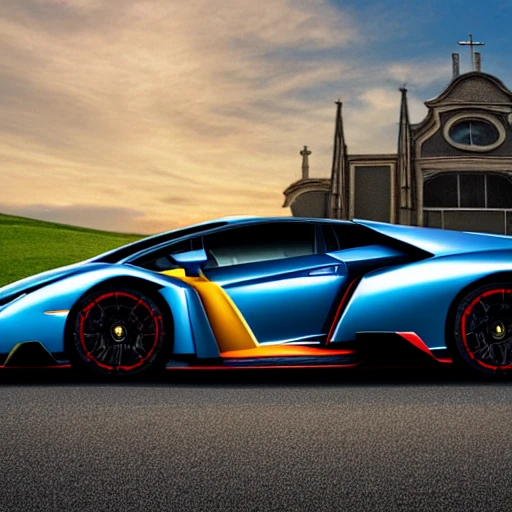 side view of a lamborghini veneno pencil sketch, from the top corner of building, with an old church in the left side of the picture, sunset in background, the Sun is behind the car,  600x400 pixel

