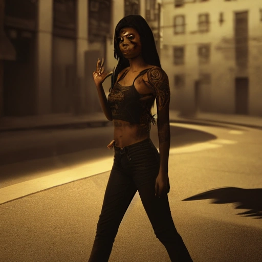 1 girl, walking, brown skin, detailed face, tattoos, shadow effect, spotlight, city alley in the background, background blur, hyperrealistic, photografic, 8k, epic ambient light, octane render