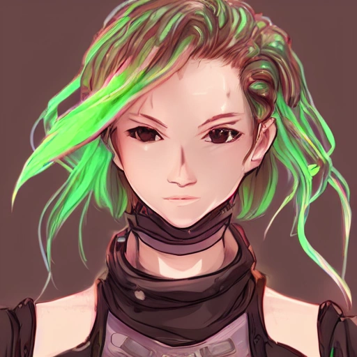 {{{octopath traveler style cyberpunk rpg character art of sporty city girl}}}, highly detailed, {hyperrealistic upper body portrait of 20 years old android woman with simple background oil colors}, wearing futuristic urban tech wear, neon colored hair, illustrated, beautiful and detailed eyes, fit body, cybernetic gear, mysterious look, sharp focus, elegant, volumetric lighting, smooth, videogame character art, 1woman, thick black outlines, cartoony, anime, art by artgerm, trending artstation