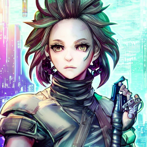 {{{octopath traveler style cyberpunk rpg character art of  police woman}}}, highly detailed, {hyperrealistic upper body portrait of 30 years old city girl with simple background oil colors}, wearing futuristic urban tech wear, long neon colored hair, illustrated, beautiful and detailed eyes, fit body, tactical cybernetic gear, mysterious look, sharp focus, volumetric lighting, smooth, videogame character art, 1woman, thick black outlines, cartoony, anime, art by artgerm, trending artstation