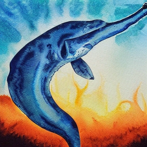 water color art of bluewhale  jumping out of water, a PIRATE SHIP can be seen nearby. 