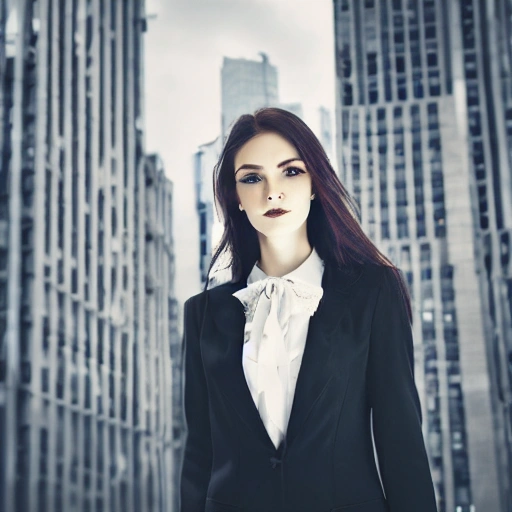 portrait of a pretty witch, background white, long wavy , in office suit, detailed face, looing at the viewer, offce buildings in the background, blurred background, sharp focus, intricate, photographic, award winning photograph, 8k wallpaper, professional studio llghting, trending on artstation