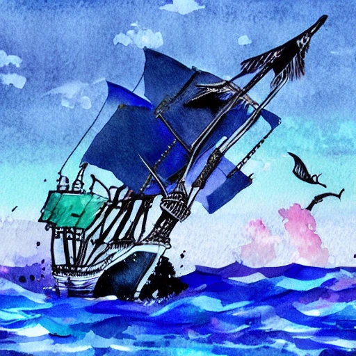 water color art of bluewhale  jumping out of water, a PIRATE SHIP can be seen nearby. 