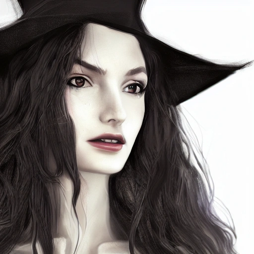 portrait of a pretty witch, background white, long wavy , in office suit, detailed face, looing at the viewer, blurred background, sharp focus, intricate, photographic, award winning photograph, 8k wallpaper, professional studio llghting, trending on artstation