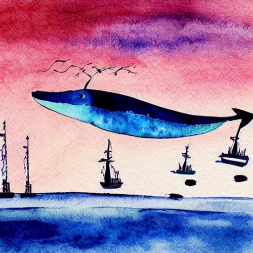 blue whale  jumping out of water, a PIRATE SHIP can be seen nearby. , Water Color, Water Color