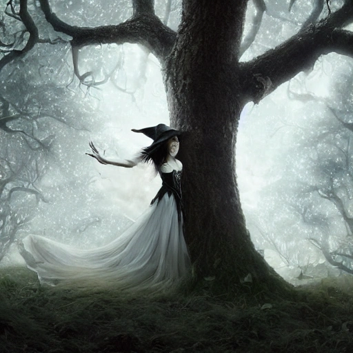 portrait of a pretty witch, background white, otherworldly scene featuring a giant, detailed and intricate tree with beautiful lighting and realistic proportions, as if it were a cinematic background, by popular artists Jeremy Geddes and Zara Gonzalez Hoang, 4k, clean, realistic face, realistic eyes, highest quality, realistic hands, trending on artstation, masterpiece