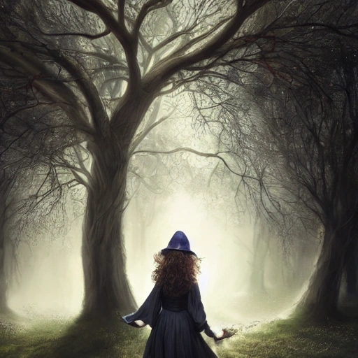 portrait of a pretty witch, background white, walking in the otherworldly scene featuring a giant, detailed and intricate tree with beautiful lighting and realistic proportions, as if it were a cinematic background, by popular artists Jeremy Geddes and Zara Gonzalez Hoang, 4k, clean, realistic face, realistic eyes, highest quality, realistic hands, trending on artstation, masterpiece