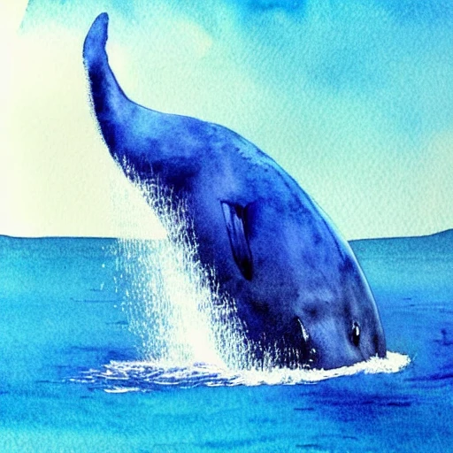 Beautiful blue whale swining in the deep ocean. Beautiful light. Water plants. Nice colour scheme, soft warm colour. Beautiful detailed artistic watercolor by Vincent.