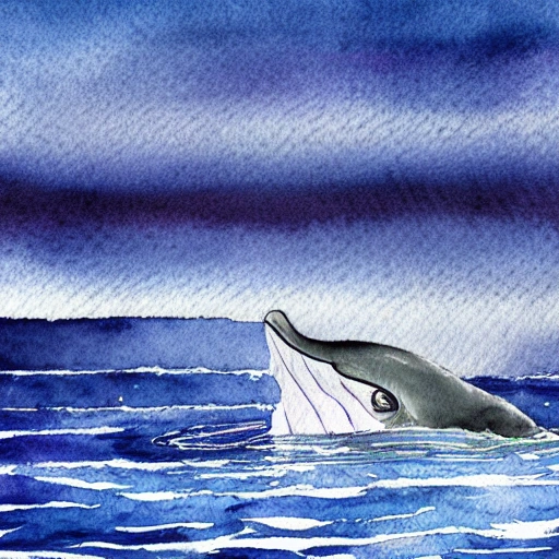 Beautiful blue whale swimming in the deep ocean. watercolor