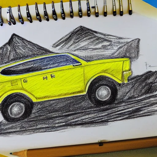 pencil sketch high angle view of futuristic blue and yellow car with dramatic sky, snowed mountains