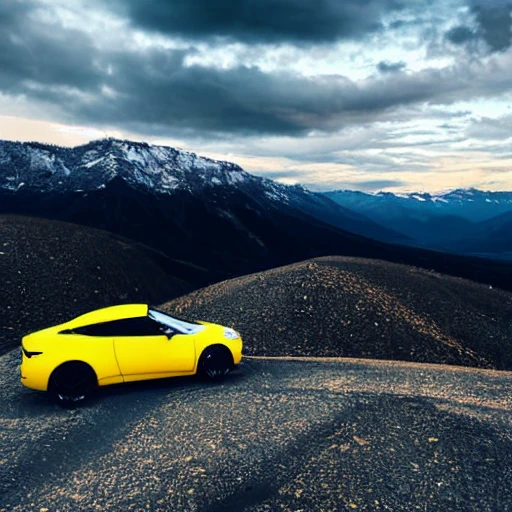 high angle view of futuristic high speed blue and yellow car with dramatic sky, snowed mountains