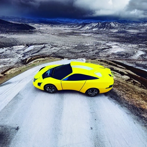 high angle view of futuristic high speed blue and yellow race car with dramatic sky, snowed mountains
