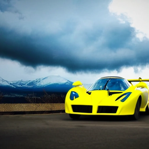 high angle view of futuristic high speed blue and yellow race car with dramatic cloudy sky, snowed mountains, dark blue ocean
