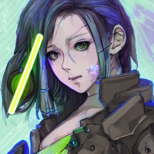 {{{octopath traveler style cyberpunk rpg character art of android girl}}}, highly detailed, {hyperrealistic upper body portrait of 30 years old city girl with simple background oil colors}, wearing futuristic urban tech wear, neon colored hair, illustrated, beautiful and detailed eyes, fit body, tactical cybernetic gear, mysterious look, sharp focus, volumetric lighting, smooth, videogame character art, 1woman, thick black outlines, cartoony, anime, art by artgerm, trending artstation