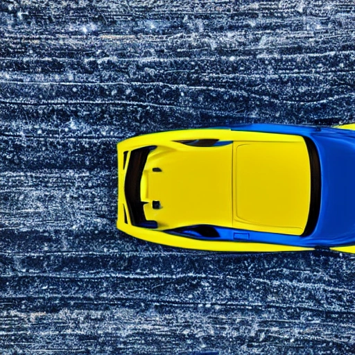 high angle view of futuristic high speed blue and yellow race car with dramatic cloudy sky and snowed mountains in the background behind a dark blue ocean. The car is realistic and ultra detailed facing the camera and complete in the picture.