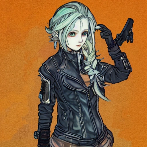 {{{octopath traveler style cyberpunk rpg character art of city girl}}}, highly detailed, {hyperrealistic upper body portrait of 20 years old woman with simple background oil colors}, {{wearing urban tech wear,}} leather jacket, neon colored hair, illustrated, beautiful and detailed eyes, fit body, tactical cybernetic gear, mysterious look, sharp focus, volumetric lighting, smooth, videogame character art, 1woman, thick black outlines, cartoony, anime, art by artgerm, trending artstation