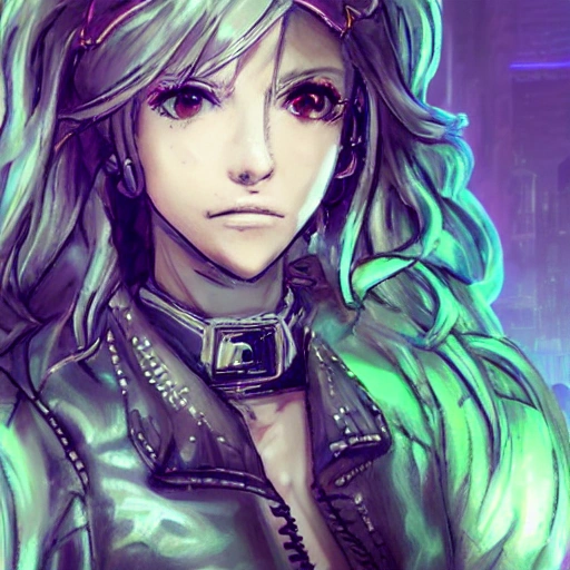 {{{octopath traveler style cyberpunk rpg character art of city girl}}}, highly detailed, {hyperrealistic upper body portrait of 20 years old woman with simple background oil colors}, {{wearing urban tech wear,}} leather jacket, neon colored hair, illustrated, beautiful and detailed eyes, fit body, tactical cybernetic gear, mysterious look, sharp focus, volumetric lighting, smooth, videogame character art, 1woman, thick black outlines, cartoony, anime, art by artgerm, trending artstation