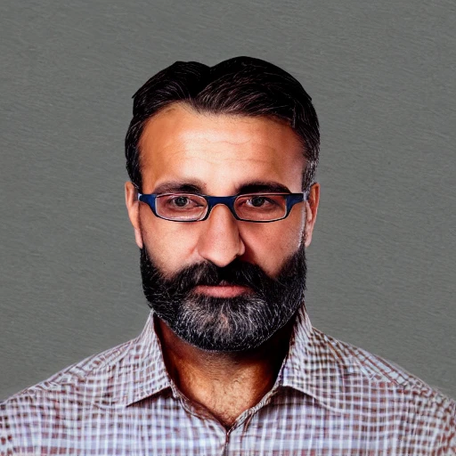shoulders and head portrait of 45 years old Spanish male with short dark hair with a part in the left side and brown eyes, roman nose, discreet squared glasses with tanned skin and 3 days beard 