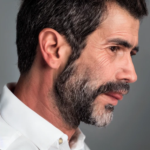 shoulders and head portrait of 45 years old athletic skinny Spanish male with short dark hair with a part in the left side and brown eyes, roman nose, discreet squared glasses with tanned skin and 3 days beard 