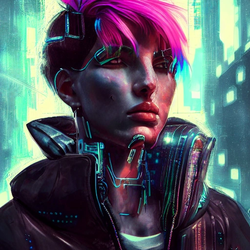 portrait of a cyberpunk girl, rough face, highly detailed face, oversized jacket, neon hair, extremely detailed, dramatic light, cinematic effects, modern city, art by Andrey Gevechanov