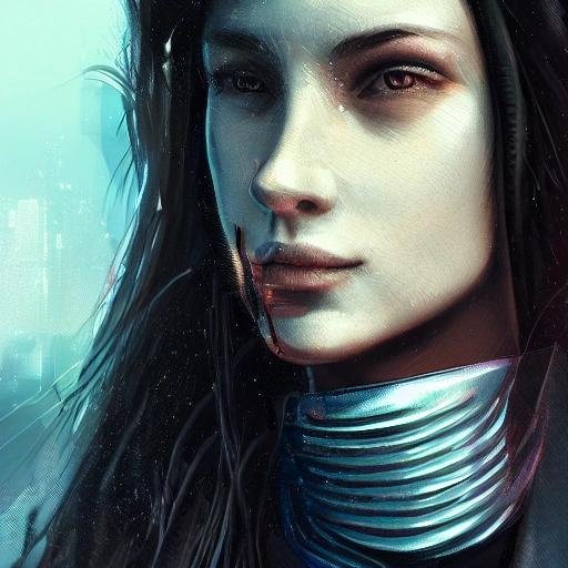 portrait of a cyberpunk girl, rough face, highly detailed face, oversized jacket, long hair, extremely detailed, dramatic light, cinematic effects, modern city, art by Andrey Gevechanov