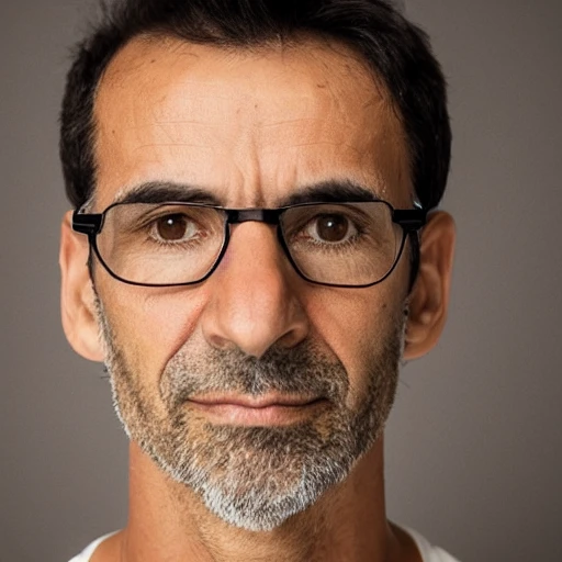 shoulders and head portrait of middle age athletic skinny Spanish male with short dark hair with a part in the left side and brown eyes, roman nose, discreet squared glasses with tanned skin and three-day stubble
