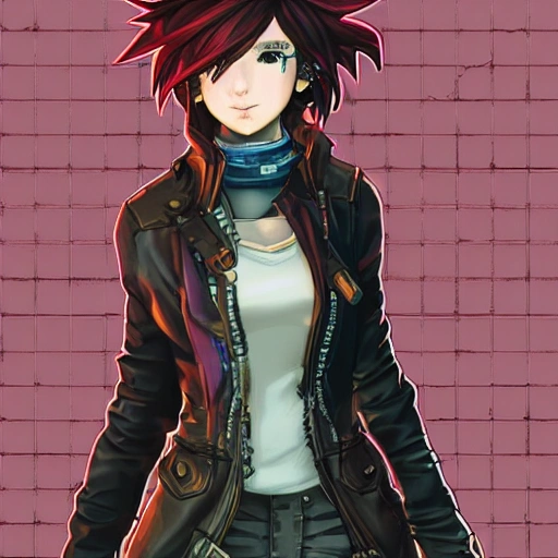 {{{octopath traveler style cyberpunk rpg character art of city girl}}}, highly detailed, {hyperrealistic upper body portrait of 30 years old woman with simple background oil colors}, {{wearing urban tech wear,}} leather jacket, neon colored hair, illustrated, beautiful and detailed eyes, large chest, tactical cybernetic gear, mysterious look, sharp focus, volumetric lighting, smooth, videogame character art, 1woman, thick black outlines, cartoony, anime, art by artgerm, trending artstation