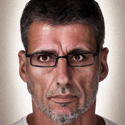 shoulders and head portrait of middle age athletic skinny Spanish male with abundant short dark hair with a part in the left side and brown eyes, roman nose, discreet squared glasses with tanned skin and three-day stubble