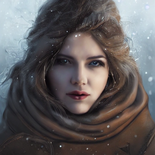 portrait of a mage girl from lapland, rough face, highly detailed face, leather clothing, long hair, extremely detailed, dramatic light, cinematic effects, modern city, art by Andrey Gevechanov