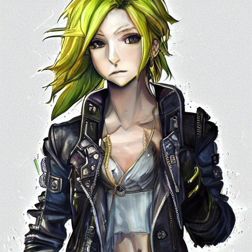 {{{octopath traveler style cyberpunk rpg character art of city girl}}}, highly detailed, {hyperrealistic upper body portrait of 20 years old woman with simple background oil colors}, {{wearing urban tech wear,}} leather jacket, neon colored hair, illustrated, beautiful and detailed eyes, large chest, tactical cybernetic gear, mysterious look, sharp focus, volumetric lighting, smooth, videogame character art, 1woman, thick black outlines, cartoony, anime, art by artgerm, trending artstation