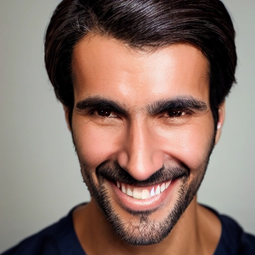 shoulders and head portrait of 40 years old athletic skinny light smiling Spanish male with abundant short braun hair with a part in the left side and brown eyes, roman nose, discreet squared glasses with tanned skin and three-day black stubble, with long eyelashes, ping silk shirt