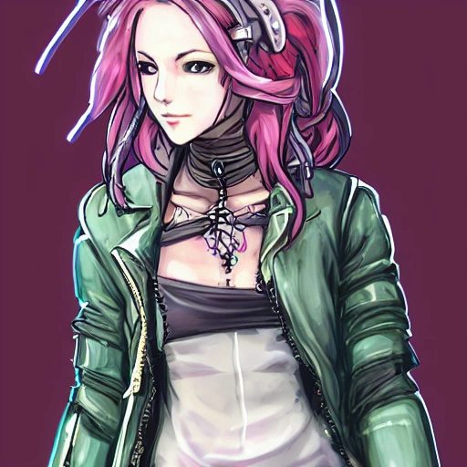 {{{octopath traveler style cyberpunk rpg character art of city girl}}}, highly detailed, {hyperrealistic upper body portrait of 40 years old woman with simple background oil colors}, {{wearing urban tech wear,}} leather jacket, neon colored hair, illustrated, beautiful and detailed eyes, large chest, cool and mysterious look, sharp focus, volumetric lighting, smooth, videogame character art, 1woman, thick black outlines, cartoony, anime, art by artgerm, trending artstation