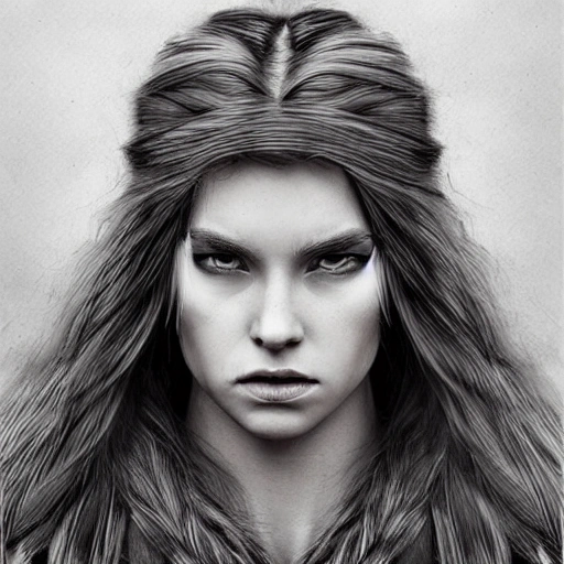 pencil portrait of a nordic mage girl, highly detailed face, leather clothing, long hair, extremely detailed, dramatic light, cinematic effects, art by Andrey Gevechanov