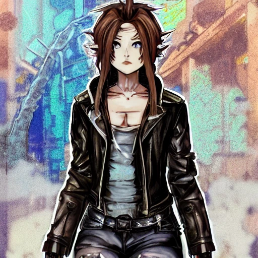 {{{octopath traveler style cyberpunk rpg character art of city girl}}}, highly detailed, {hyperrealistic upper body portrait of 40 years old woman with simple background oil colors}, {{wearing urban tech wear,}} leather jacket, dark colored hair, illustrated, beautiful and detailed eyes, large chest, cool and mysterious look, sharp focus, volumetric lighting, smooth, videogame character art, 1woman, thick black outlines, cartoony, anime, art by artgerm, trending artstation