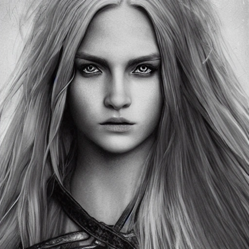 pencil portrait of a nordic mage girl, highly detailed face, leather clothing, long hair, extremely detailed, dramatic light, cinematic effects, art by Andrey Gevechanov