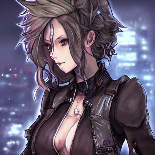 {{{octopath traveler style cyberpunk rpg character art of city girl}}}, highly detailed, {hyperrealistic upper body portrait of 40 years old woman with simple background oil colors}, {{wearing urban tech wear,}} leather pants, dark colored hair, illustrated, beautiful and detailed eyes, large breasts, cool and mysterious look, sharp focus, volumetric lighting, smooth, videogame character art, 1woman, thick black outlines, cartoony, anime, art by artgerm, trending artstation