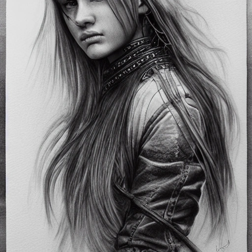 pencil portrait of a nordic mage girl, highly detailed face, leather clothing, long hair, extremely detailed, dramatic light, cinematic effects, art by Andrey Gevechanov