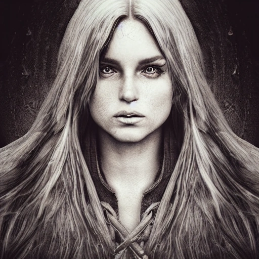 pencil portrait of a nordic mage girl in her 30s, highly detaile ...