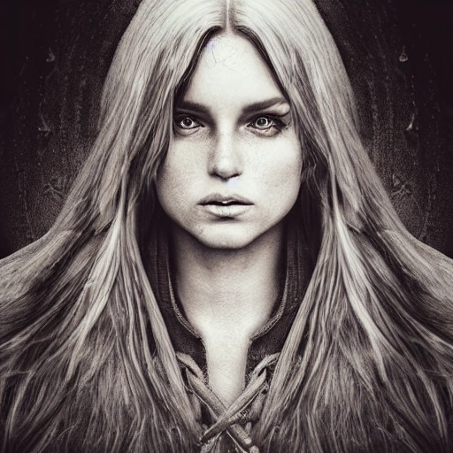 pencil portrait of a nordic mage girl in her 30s, highly detailed face, leather clothing, long hair, extremely detailed, dramatic light, cinematic effects, art by Andrey Gevechanov